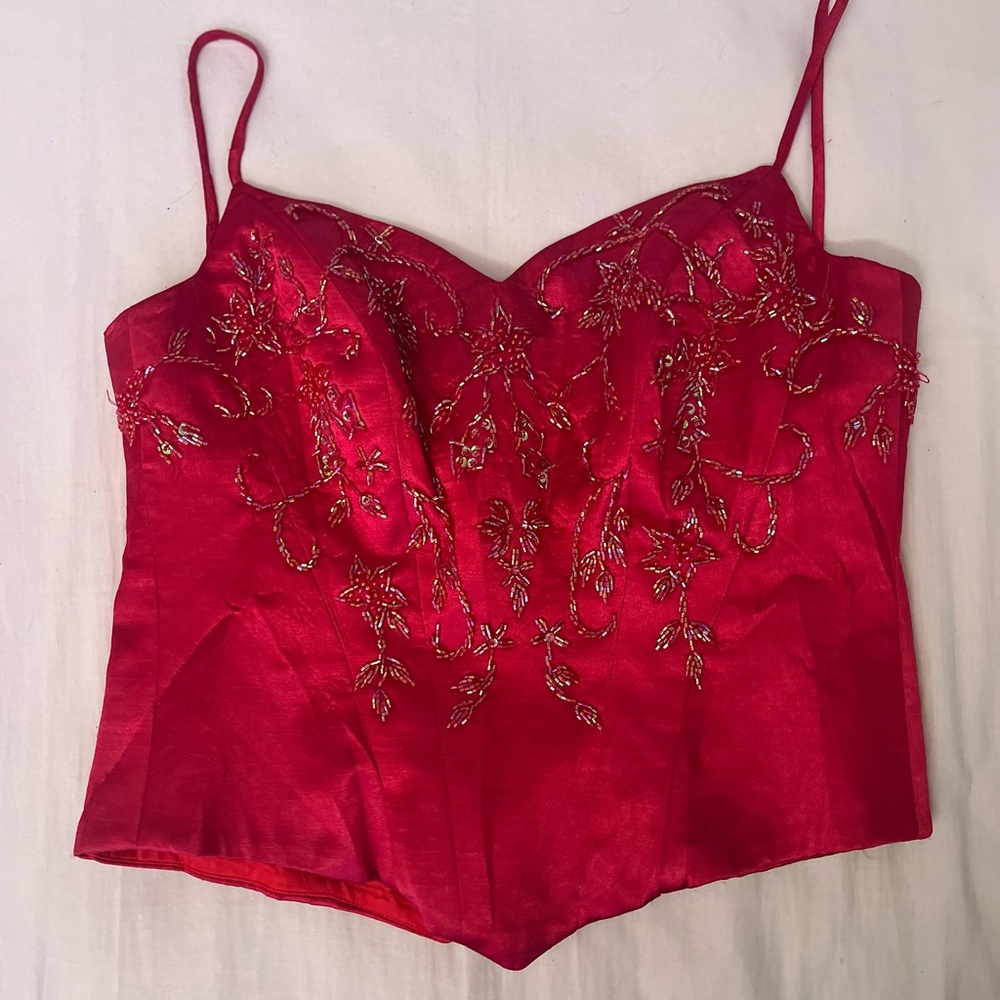 Red Floral Beaded Bustier Corset Top